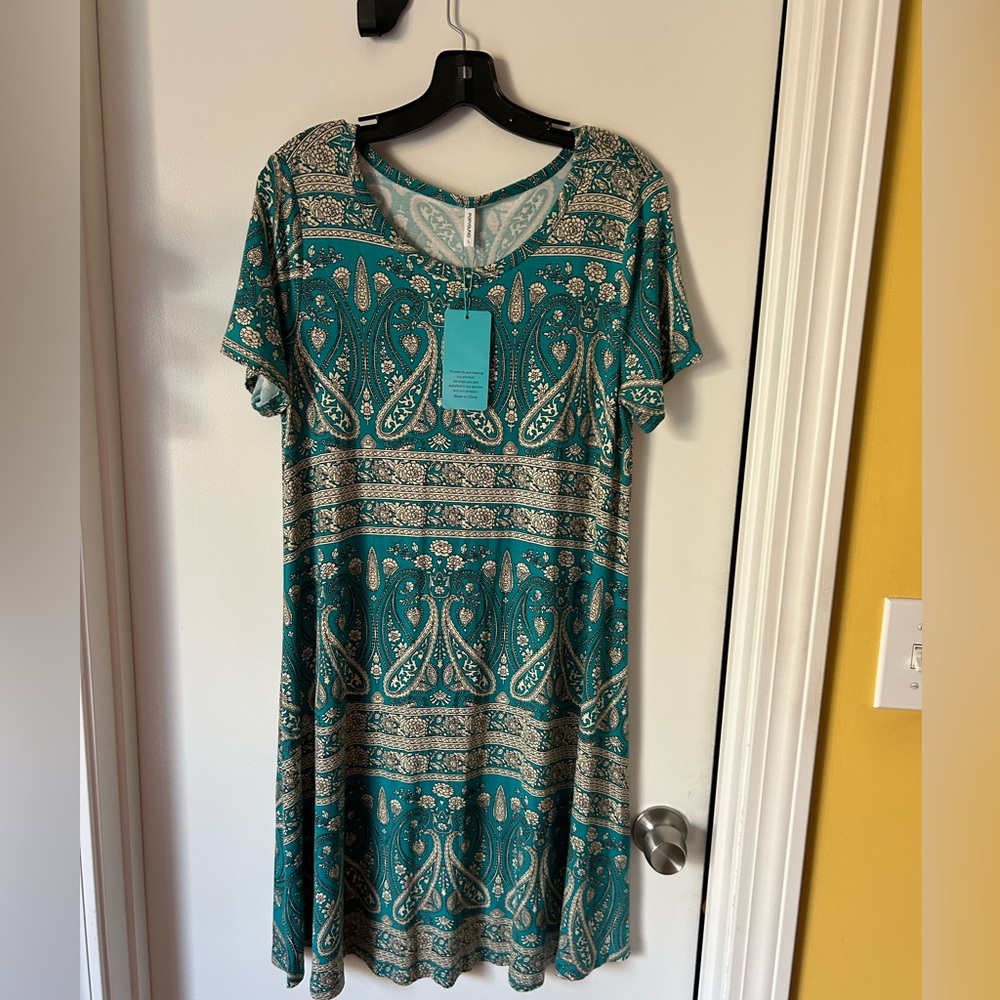 Popyoung - Teal and cream t shirt  Dress- soft / stretchy/ lightweight